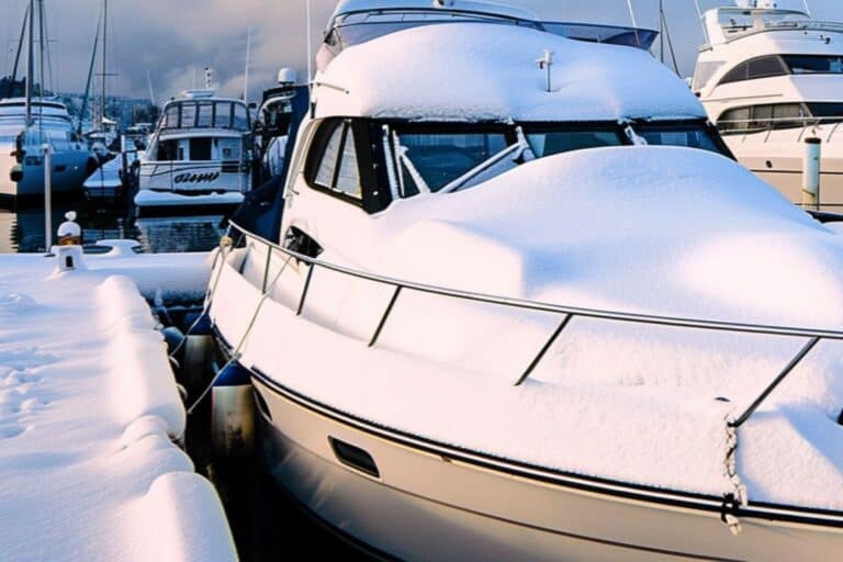 yacht covered with snow in marina