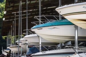 Boats on the rack of an outdoor boat storage facility