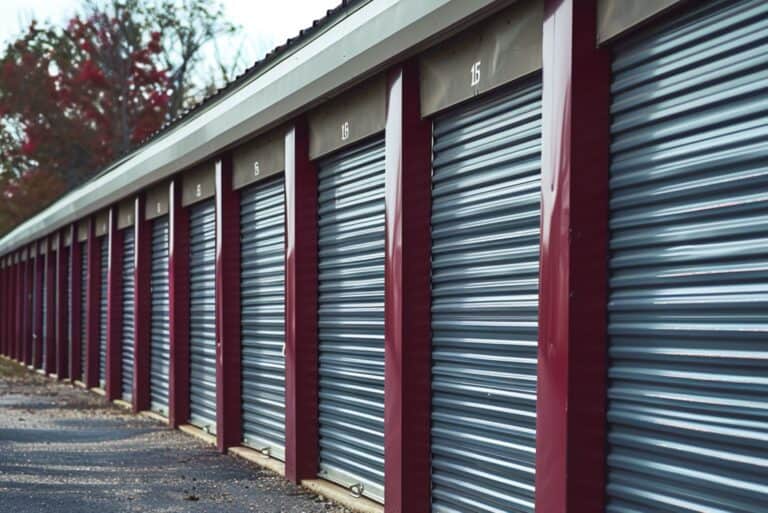 A row of gray storage units sandwiched against each other