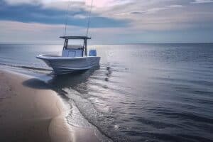 a white console boat in the water