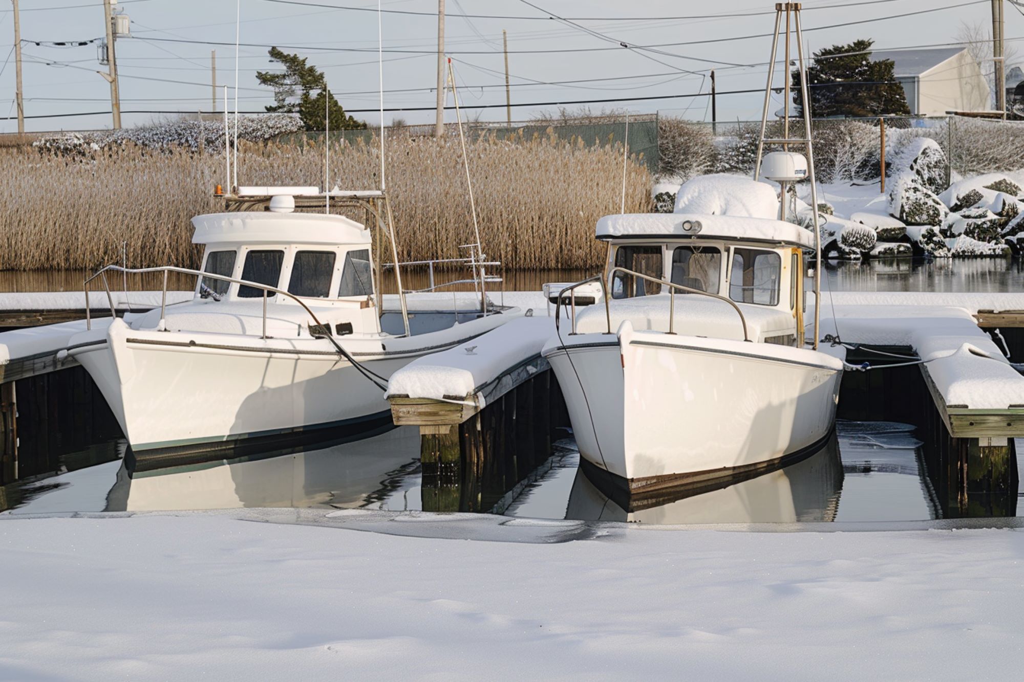 Two console boats docked at the snowy marina